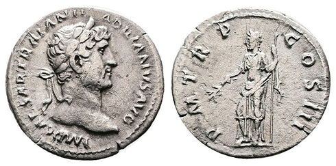 Ancient Roman silver denarius of the Emperor Hadrian minted in Rome in 119-122 AD